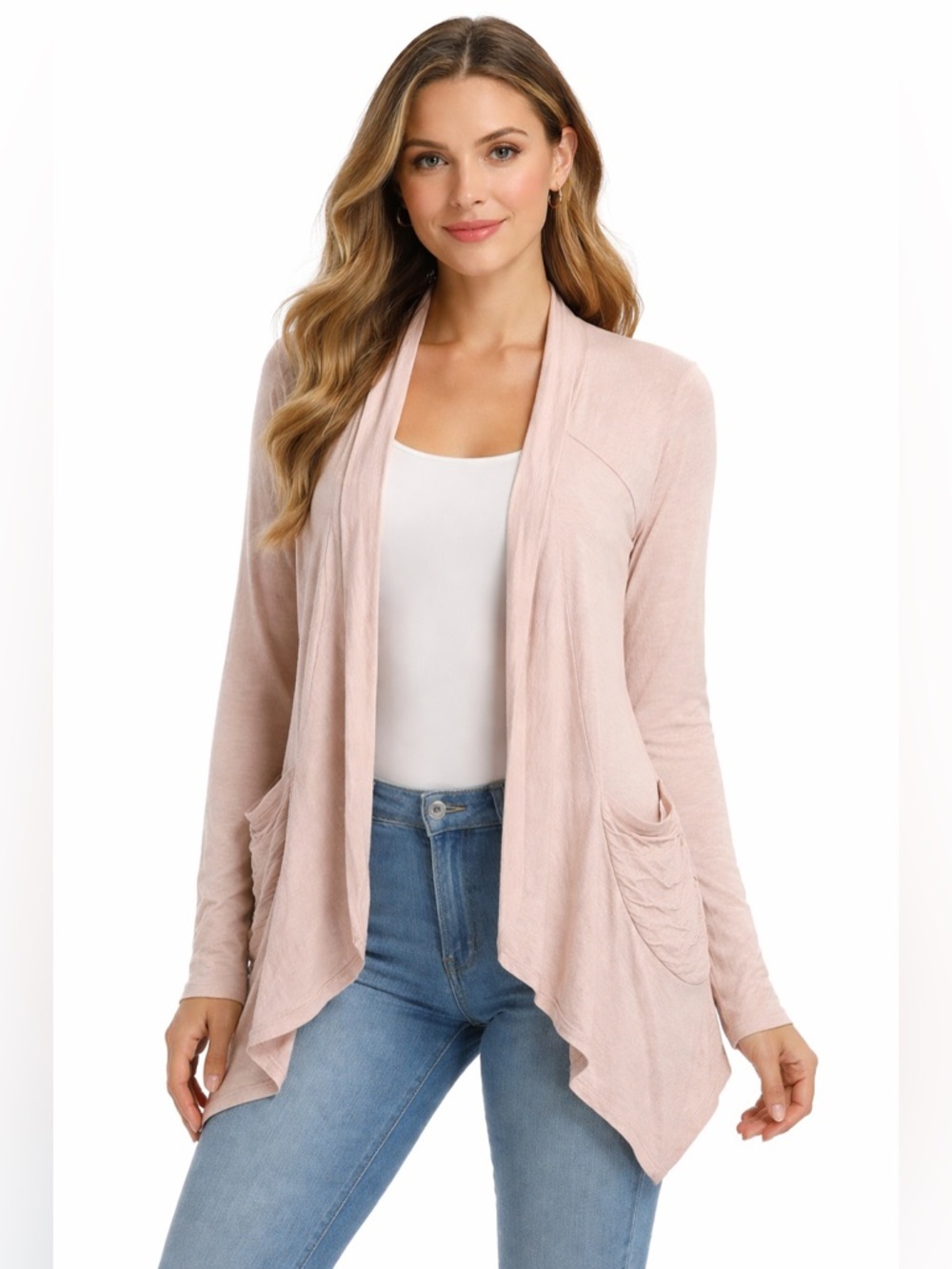 Christina Womens Blush Beige Relaxed Open Front Waterfall‎ Cardigan Shawl